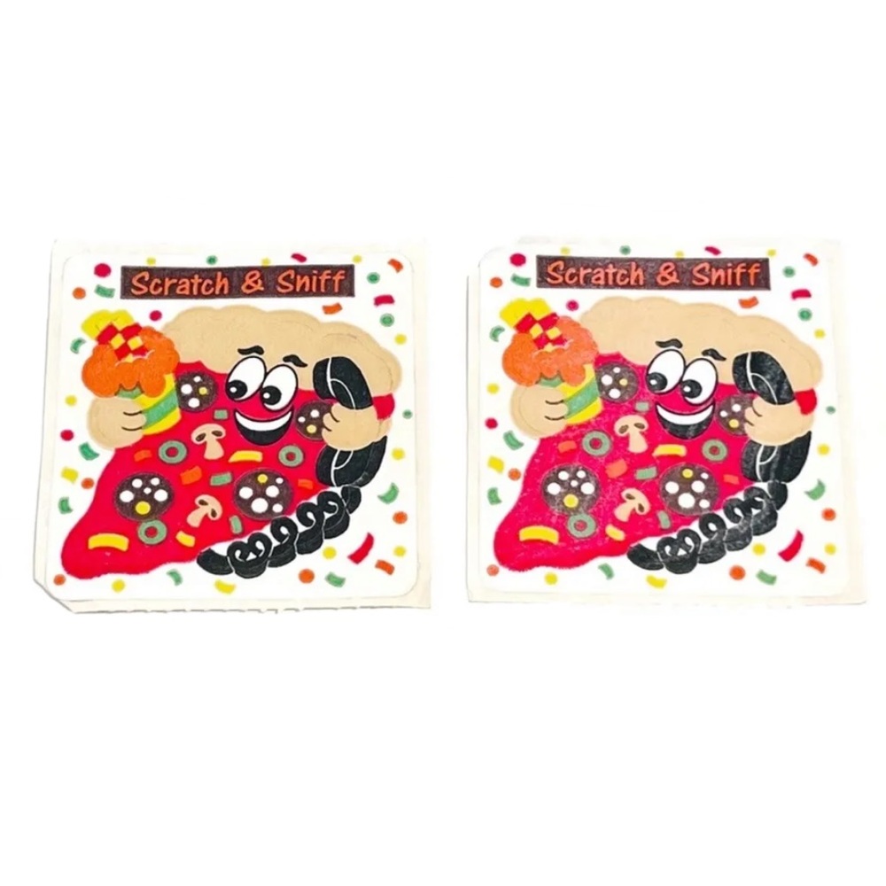 Vintage 1980s Sandylion Scratch and Sniff Pizza Large Stickers Square Phone Red